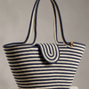Boho Straw Style Magnetic Closure Natural Shoulder Bag - Navy & Natural