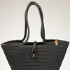 Boho Straw Style Button Closure Natural Shoulder Bag - Black