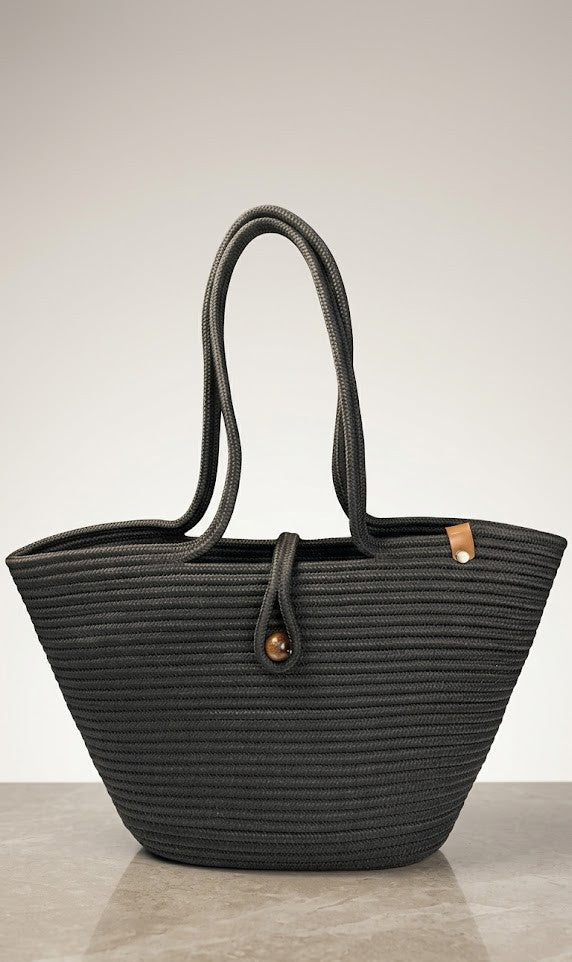 Boho Straw Style Button Closure Natural Shoulder Bag - Black