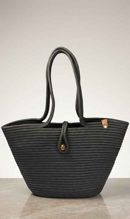 Boho Straw Style Button Closure Natural Shoulder Bag - Black