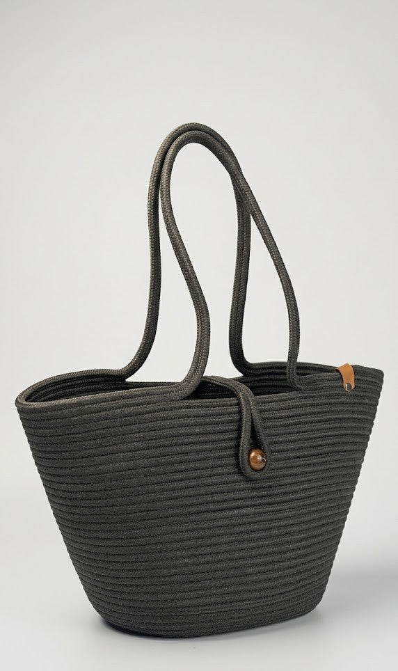Boho Straw Style Button Closure Natural Shoulder Bag - Black