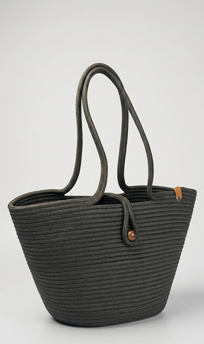 Boho Straw Style Button Closure Natural Shoulder Bag - Black
