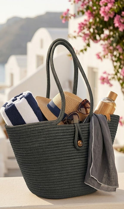 Boho Straw Style Button Closure Natural Shoulder Bag - Black