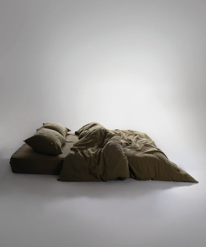 Printemps 100% Cotton Washed Embroidered Muslin Duvet Cover Set - Olive
