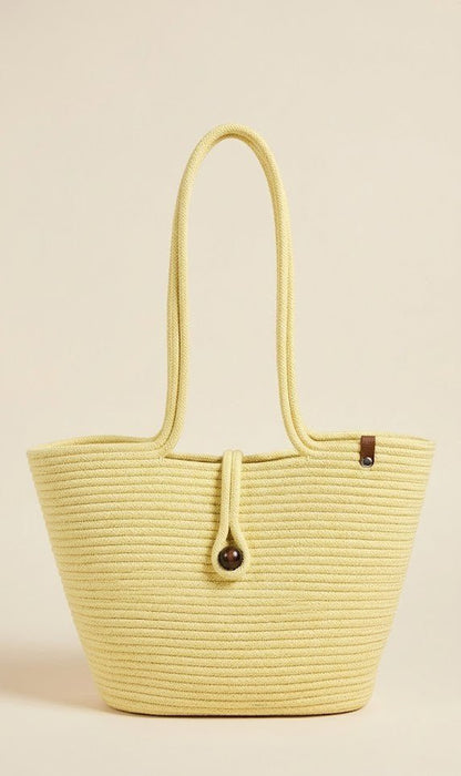 Boho Straw Style Button Closure Natural Shoulder Bag - Yellow