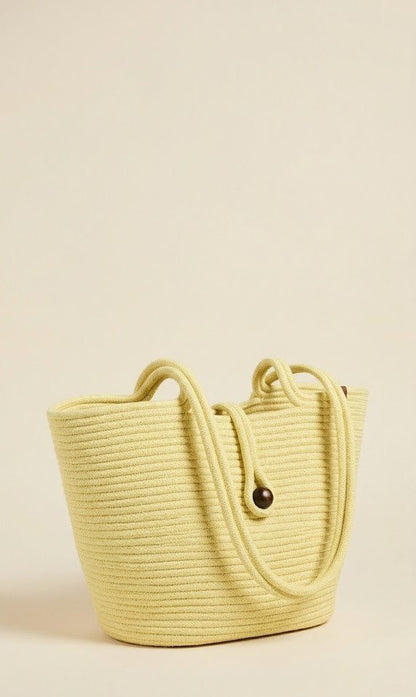 Boho Straw Style Button Closure Natural Shoulder Bag - Yellow