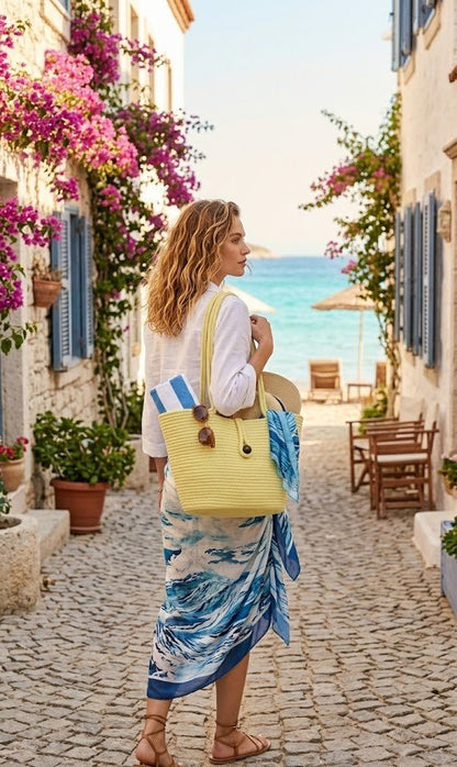 Boho Straw Style Button Closure Natural Shoulder Bag - Yellow