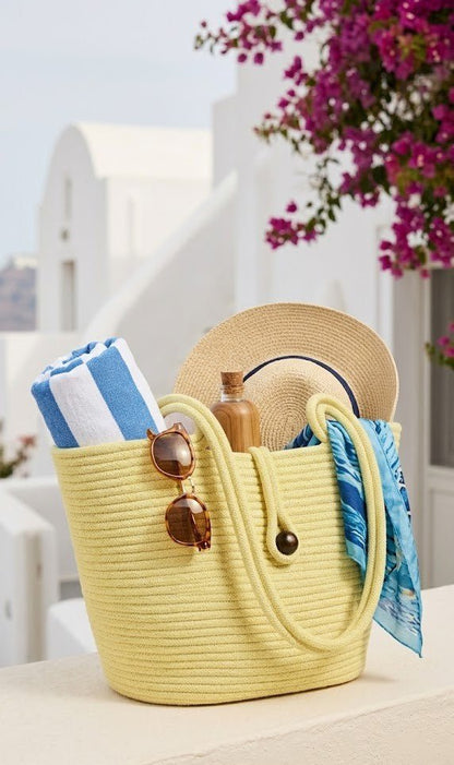Boho Straw Style Button Closure Natural Shoulder Bag - Yellow