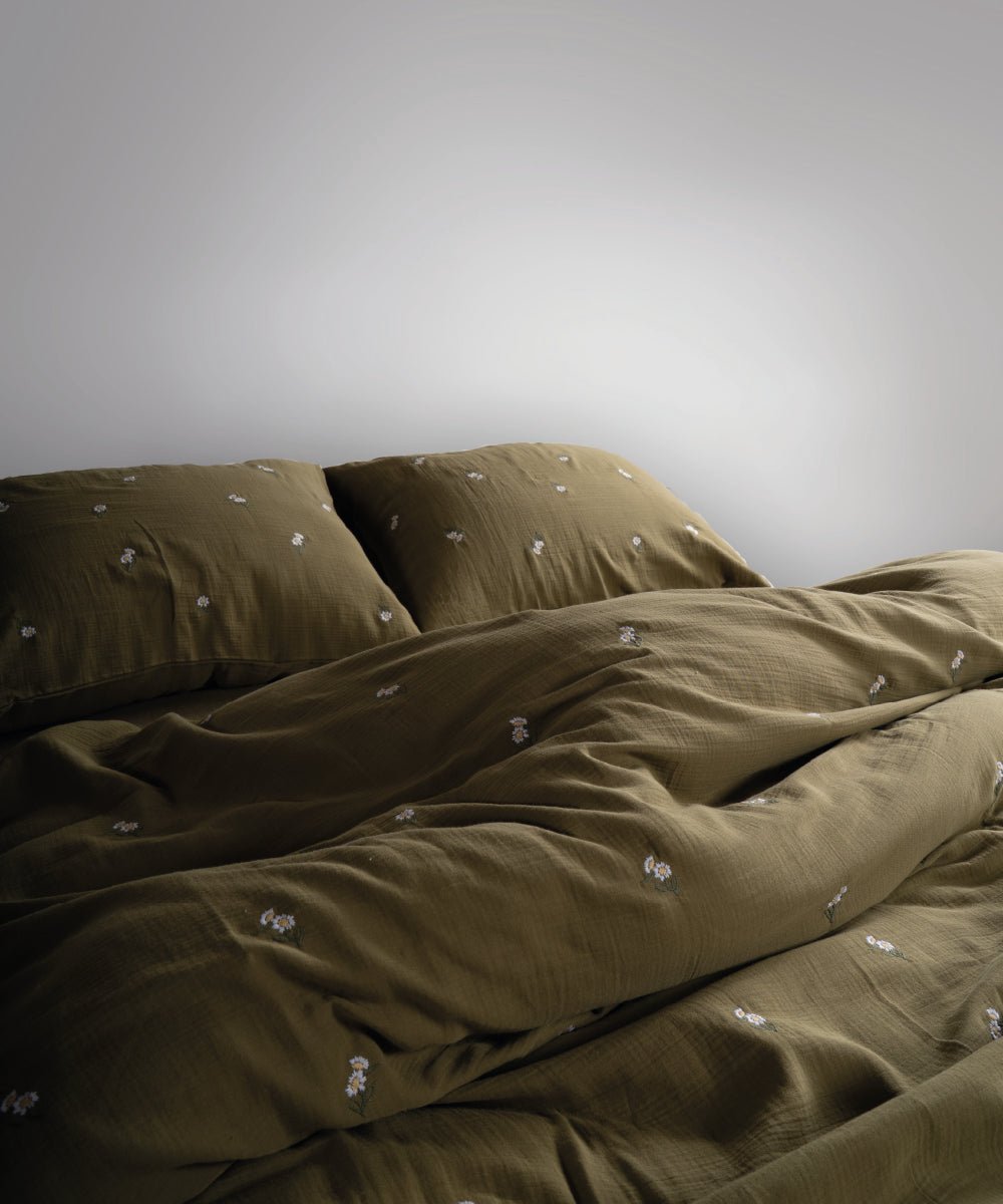 Printemps 100% Cotton Washed Embroidered Muslin Duvet Cover Set - Olive