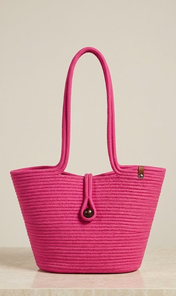 Boho Straw Style Button Closure Natural Shoulder Bag - Pink