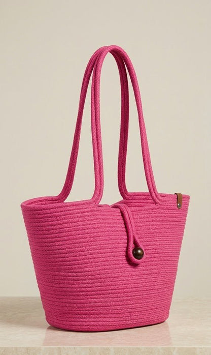 Boho Straw Style Button Closure Natural Shoulder Bag - Pink