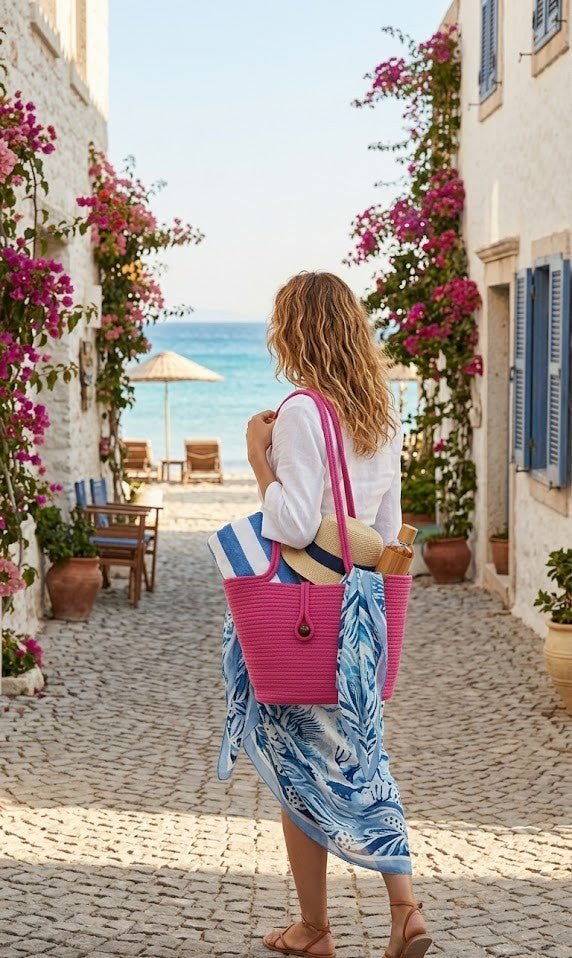 Boho Straw Style Button Closure Natural Shoulder Bag - Pink