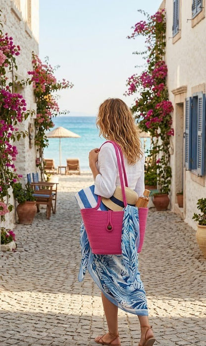 Boho Straw Style Button Closure Natural Shoulder Bag - Pink