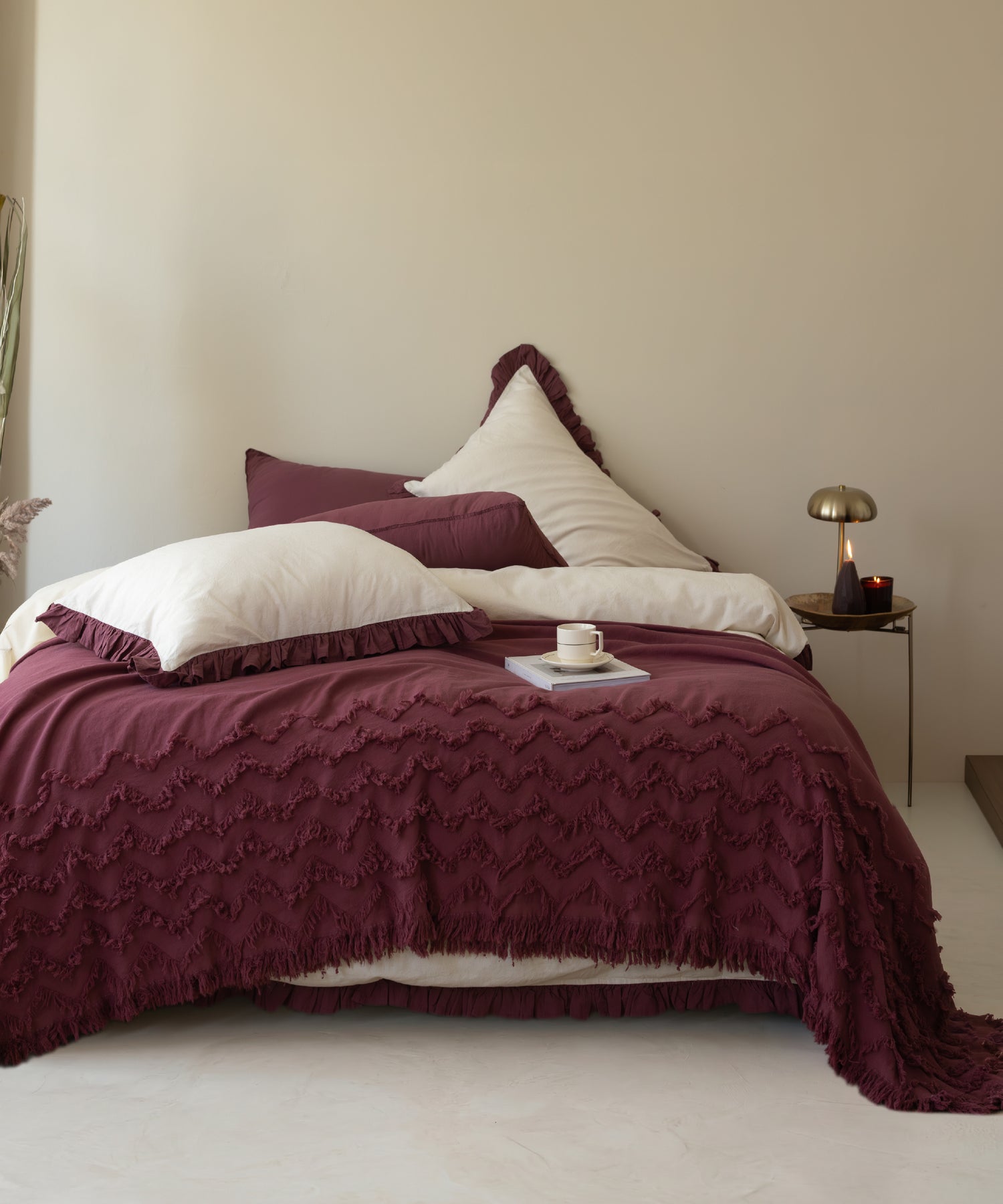 Odessia Raspberry Ruffled 100% Soft Cotton Duvet Cover Set - Stonewashed | Limasso