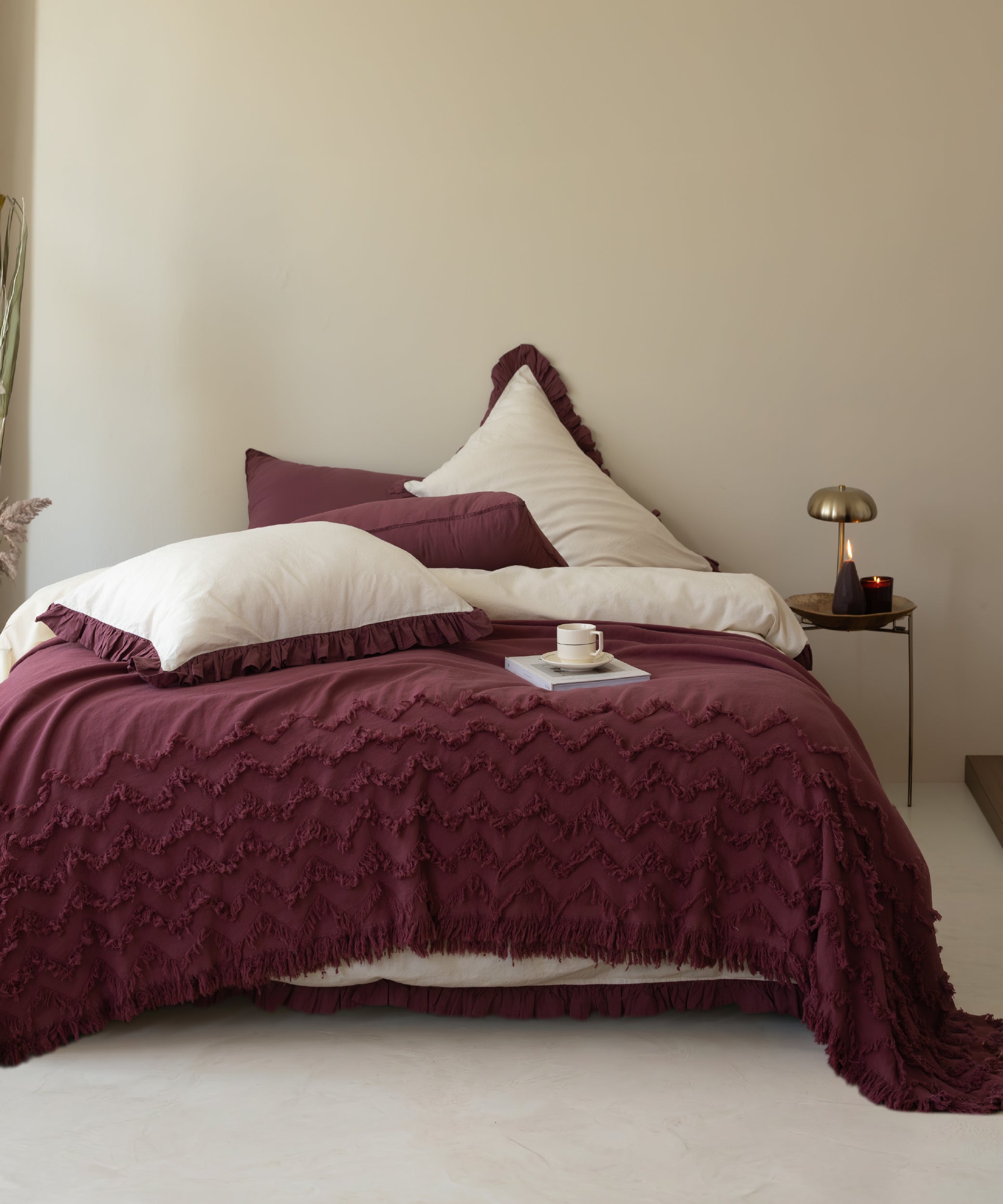 Odessia Raspberry Ruffled 100% Soft Cotton Duvet Cover Set - Stonewashed | Limasso