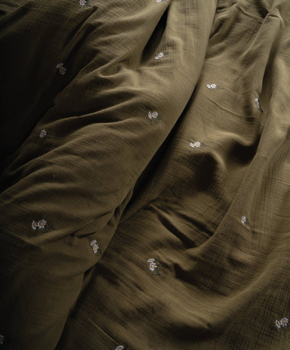Printemps 100% Cotton Washed Embroidered Muslin Duvet Cover Set - Olive