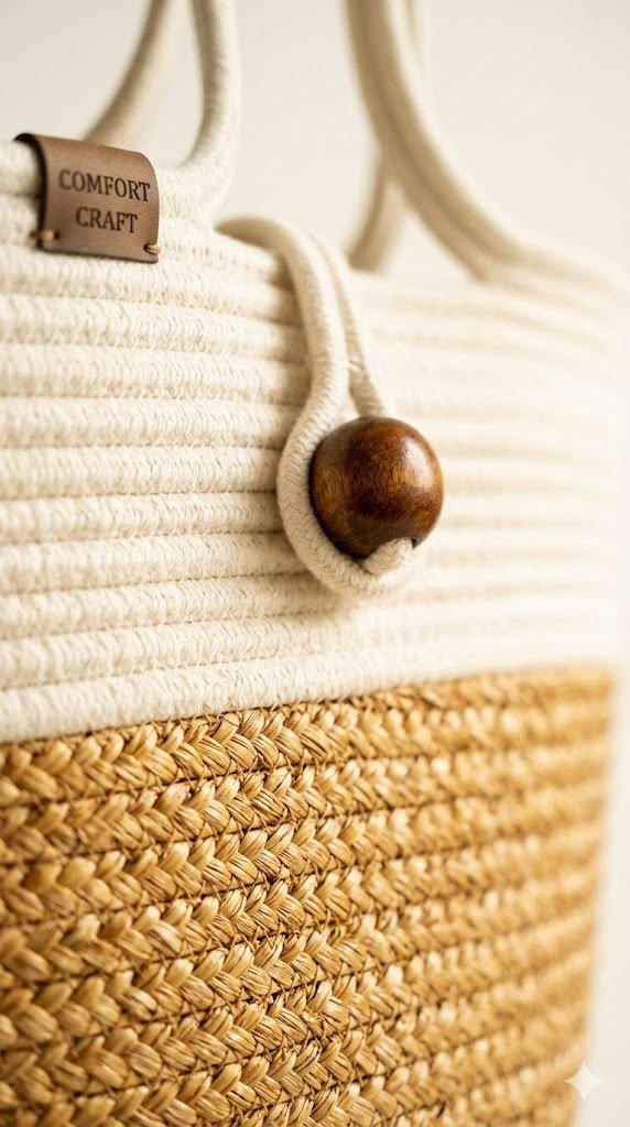 Boho Straw Style Button Closure Natural Shoulder Bag - Natural &amp; White