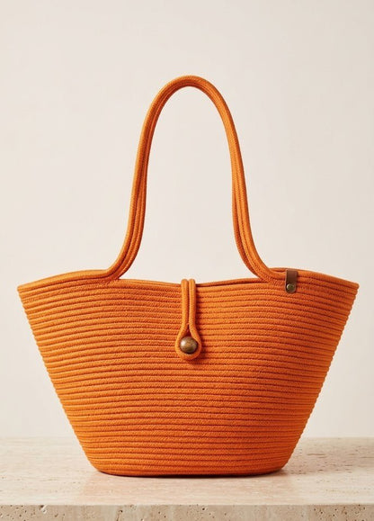 Boho Straw Style Button Closure Natural Shoulder Bag - Orange