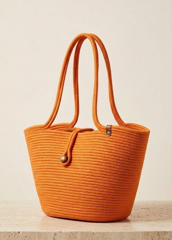 Boho Straw Style Button Closure Natural Shoulder Bag - Orange