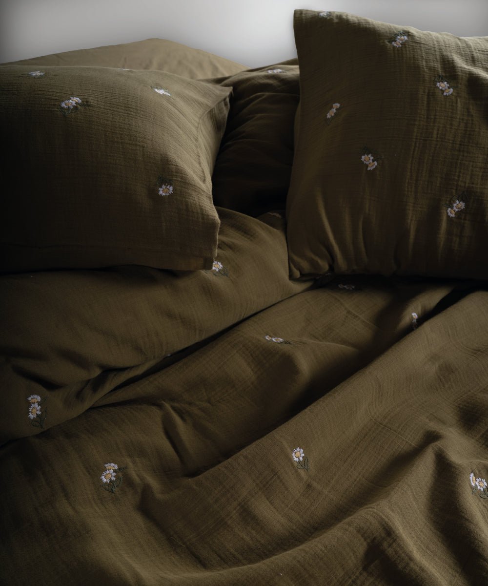 Printemps 100% Cotton Washed Embroidered Muslin Duvet Cover Set - Olive