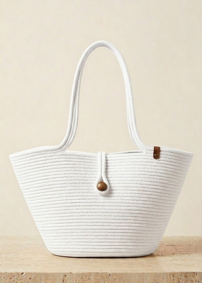Boho Straw Style Button Closure Natural Shoulder Bag - White
