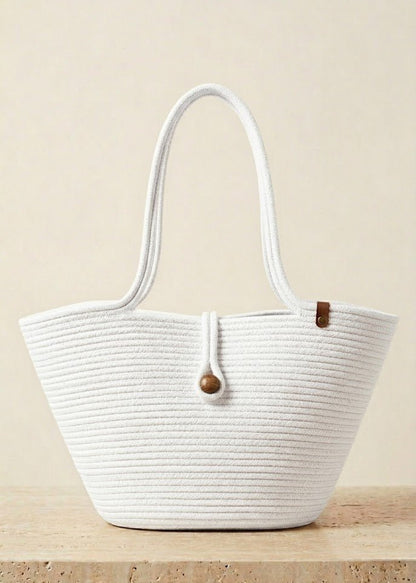 Boho Straw Style Button Closure Natural Shoulder Bag - White