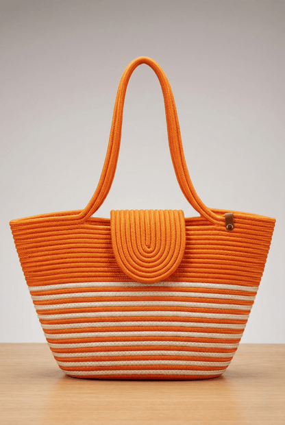 Boho Straw Style Magnetic Closure Natural Shoulder Bag - Orange &amp; White