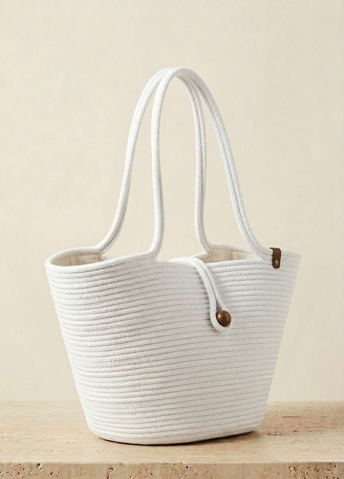 Boho Straw Style Button Closure Natural Shoulder Bag - White
