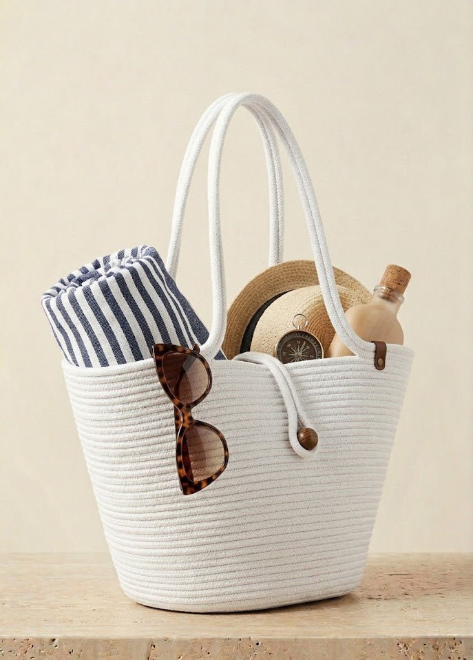 Boho Straw Style Button Closure Natural Shoulder Bag - White
