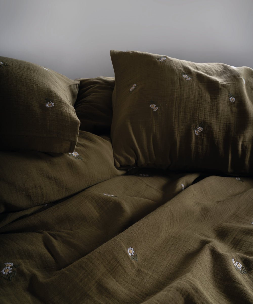 Printemps 100% Cotton Washed Embroidered Muslin Duvet Cover Set - Olive