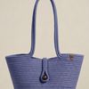 Boho Straw Style Button Closure Natural Shoulder Bag - Lilac