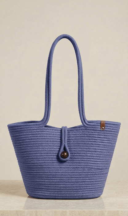 Boho Straw Style Button Closure Natural Shoulder Bag - Lilac
