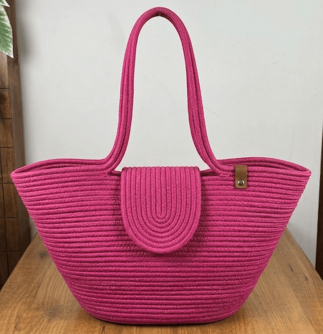 Boho Straw Style Magnetic Closure Natural Shoulder Bag - Pink