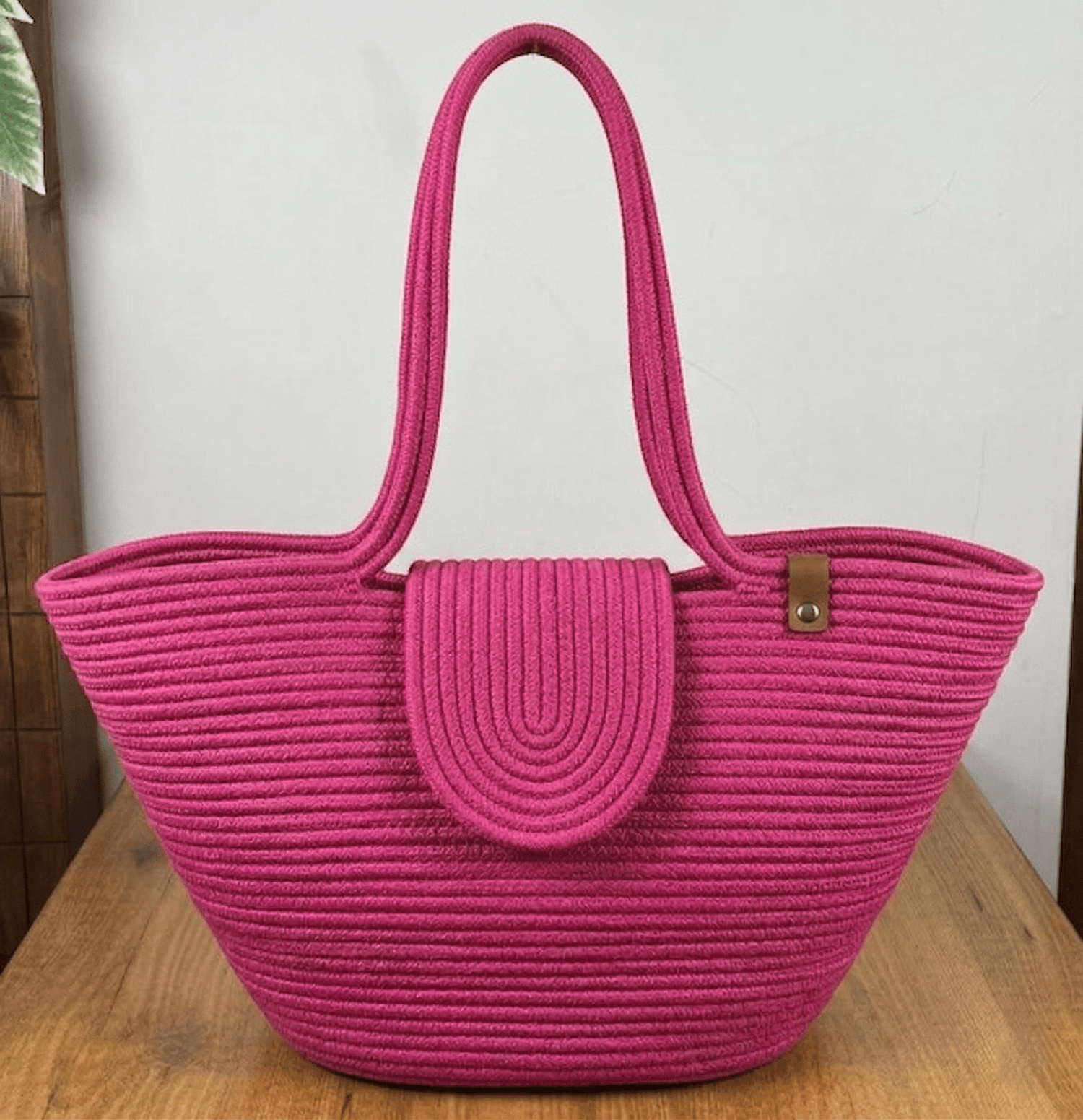 Boho Straw Style Magnetic Closure Natural Shoulder Bag - Pink