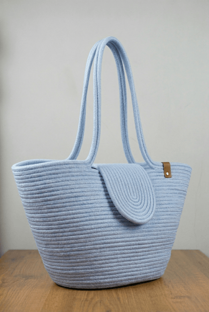 Boho Straw Style Magnetic Closure Natural Shoulder Bag - Blue