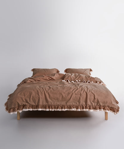 Wood Smoke Brown stonewashed 100% cotton duvet cover set with elegant ruffle and lace trim by Limasso