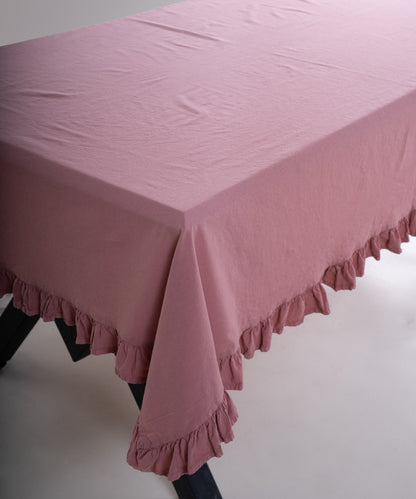 Old Rose pink ruffled edge tablecloth styled in vintage dining room setting, rectangular stonewashed cotton table linen UK