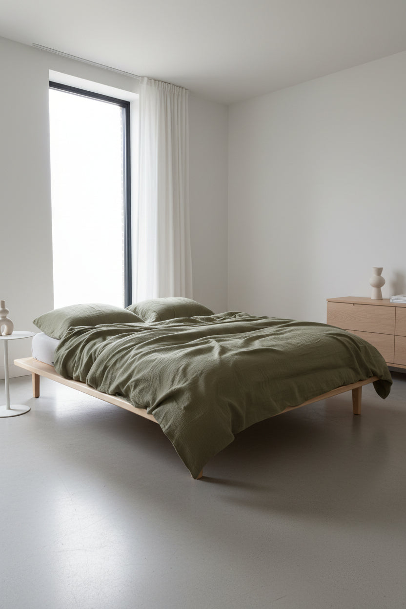 Cloud 100% Natural Cotton Gauze-Muslin Duvet Cover Set Olive on a low wooden platform bed – Limasso London