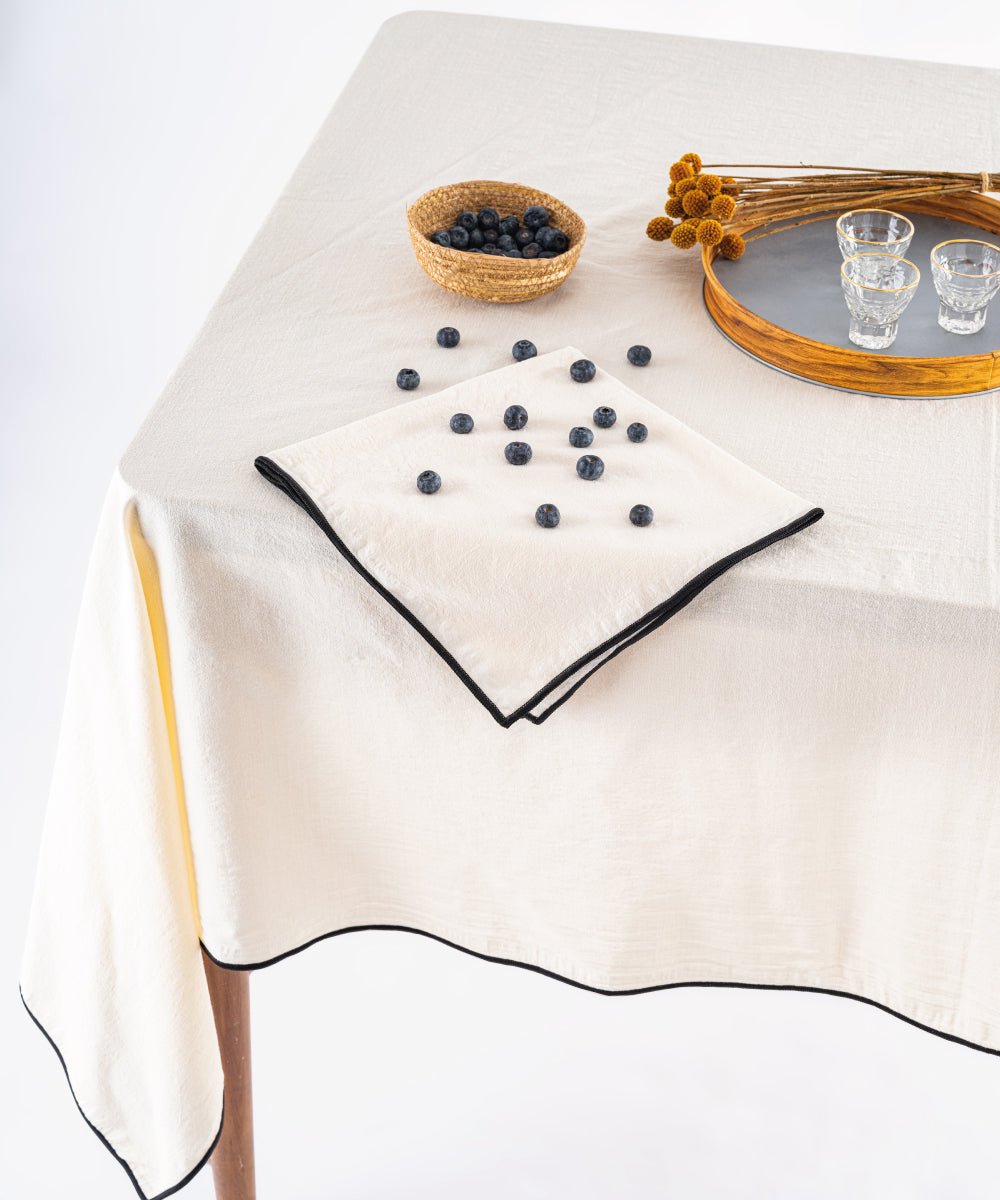 Large cream rectangular cotton tablecloth 160x280 cm with embroidered edges, dining table linen for 8 to 10 seater table UK