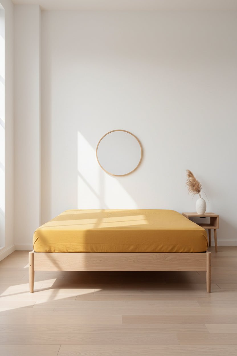 Mustard stonewashed cotton fitted sheet styled on a bed, showing warm golden tone, soft texture and secure fitted design.