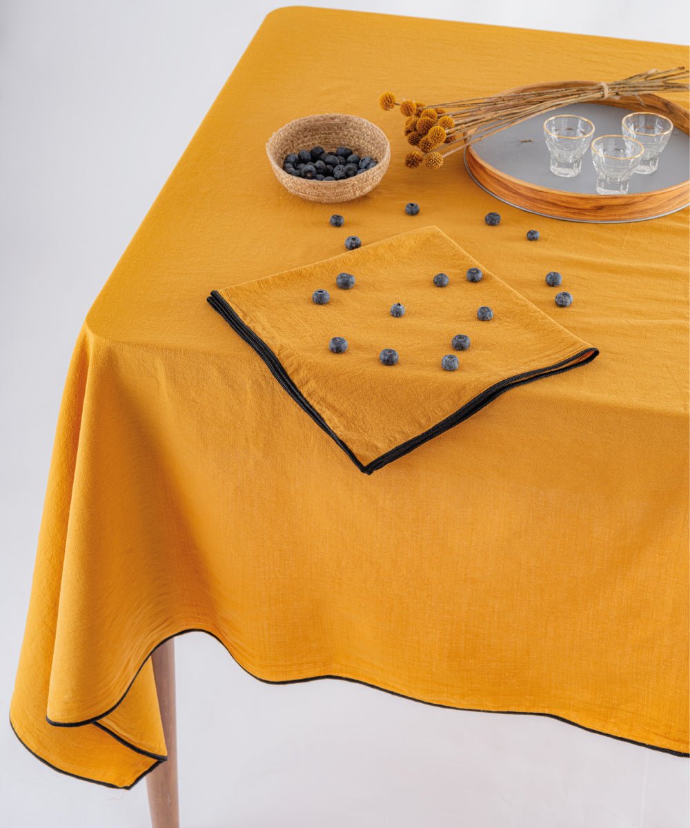 Premium mustard stonewashed 100% cotton tablecloth, durable embroidered kitchen and dining room table cover UK