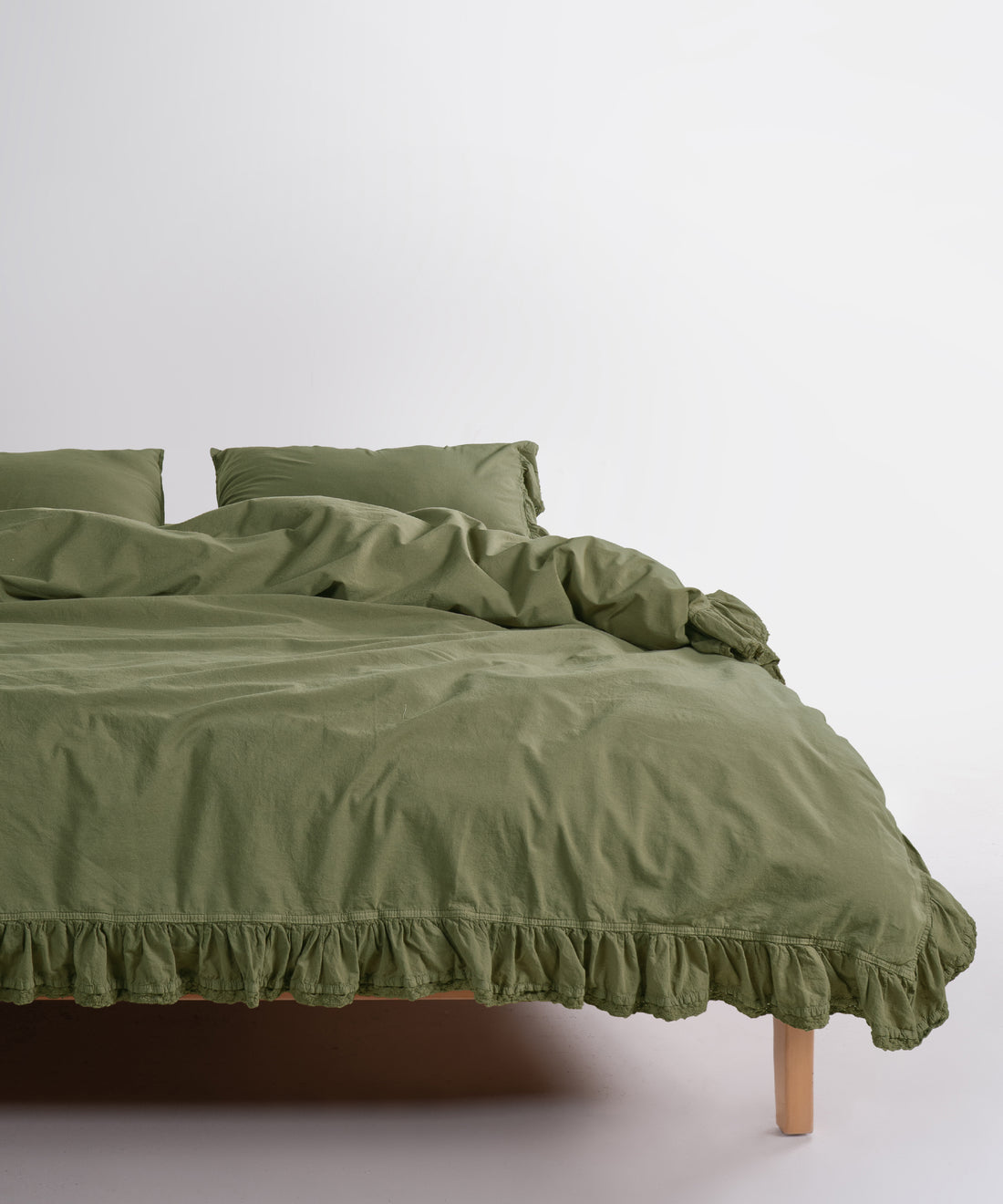 Sicilia Capulet Olive ruffle lace 100% cotton duvet cover set stonewashed soft luxury bedding UK size