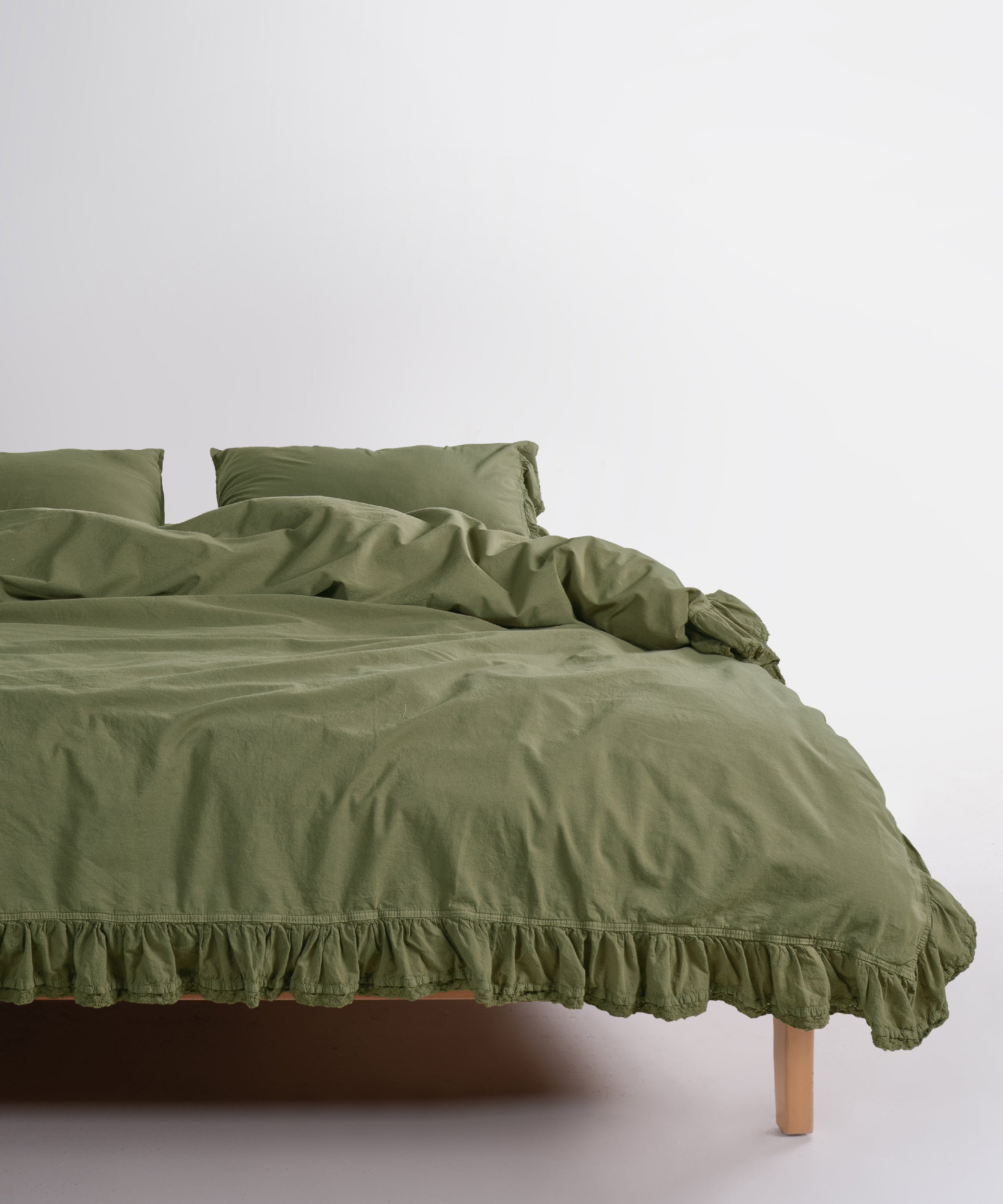 Sicilia Capulet Olive ruffle lace 100% cotton duvet cover set stonewashed soft luxury bedding UK size
