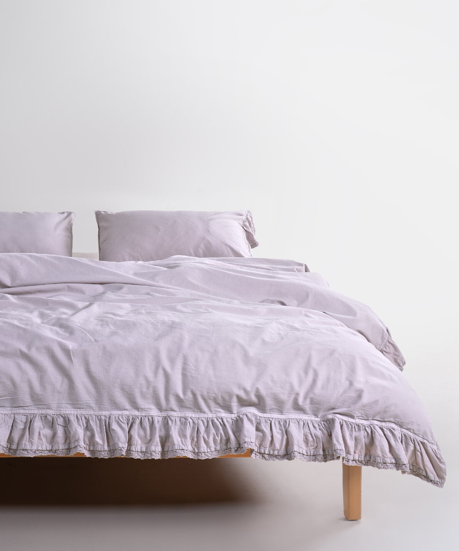 Sicilia Opal Grey ruffle lace 100% cotton duvet cover set stonewashed soft luxury bedding UK sizes