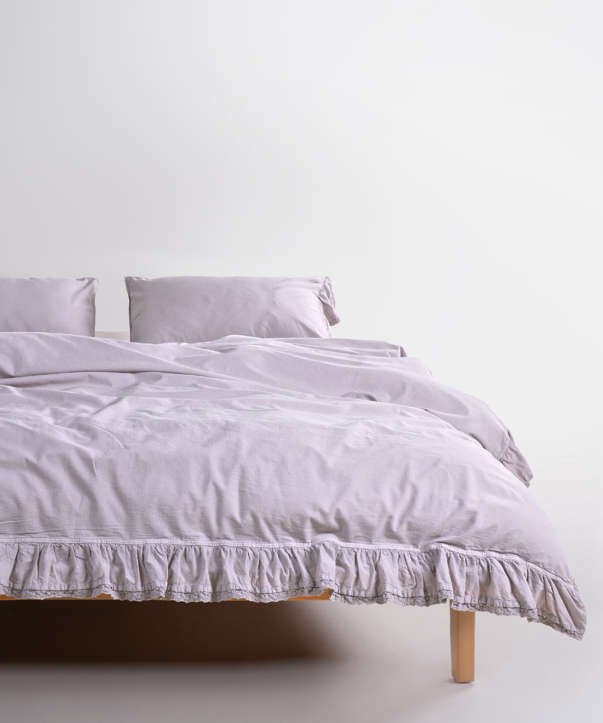 Sicilia Opal Grey ruffle lace 100% cotton duvet cover set stonewashed soft luxury bedding UK sizes
