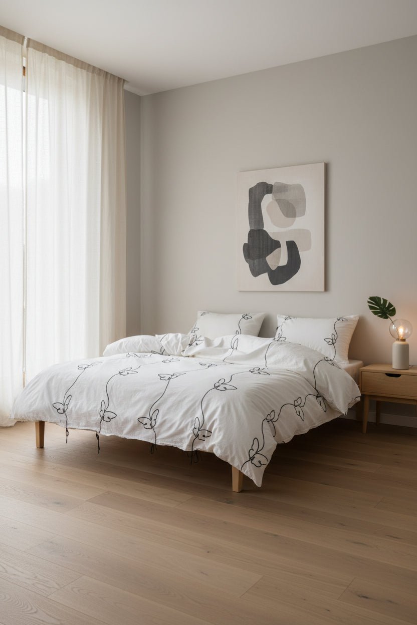 Main view of the Snow White duvet cover set with butterfly embroidery, made from 100% stonewashed cotton for a soft, relaxed finish.