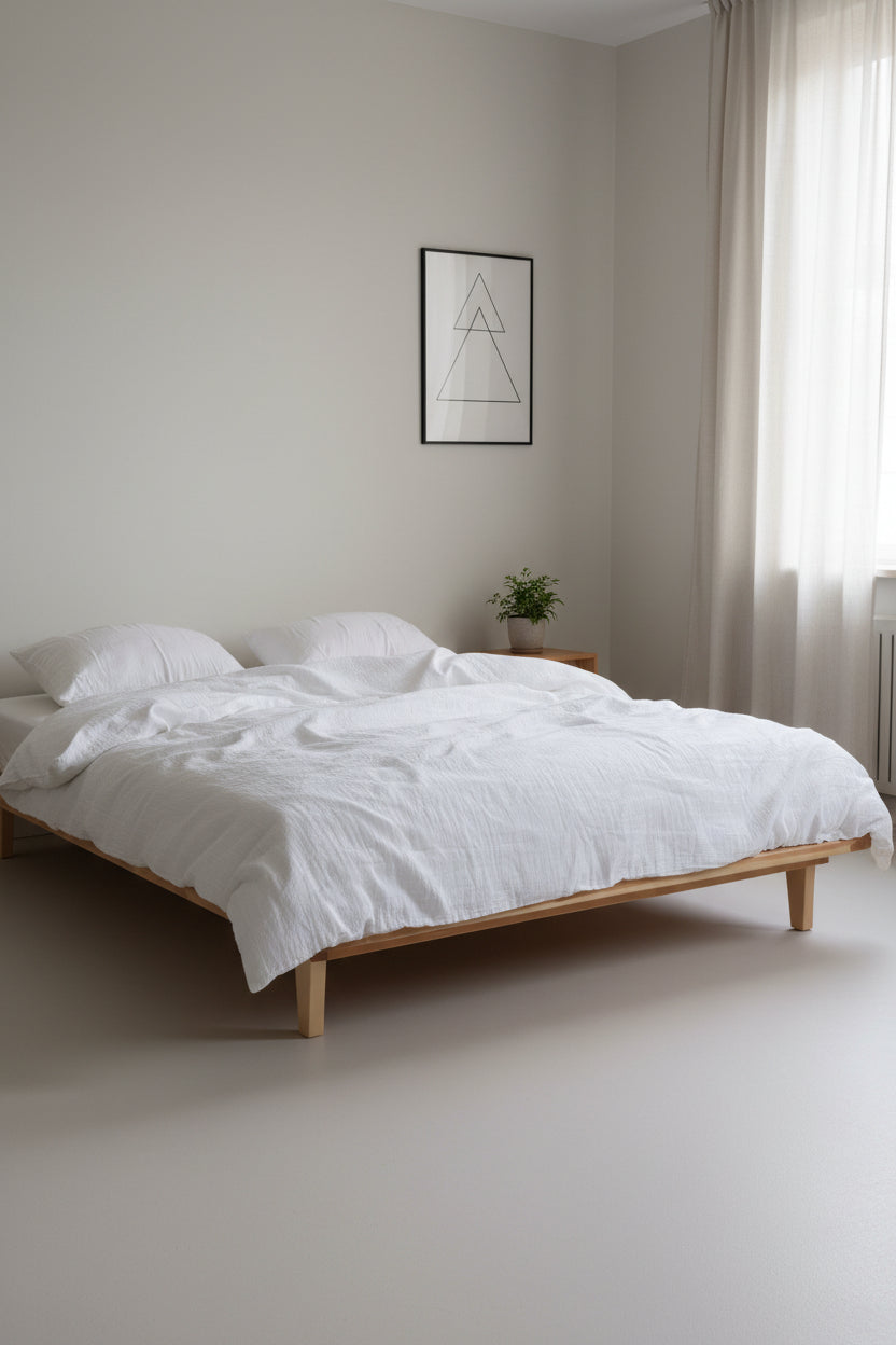 Cloud 100% Cotton Gauze-Muslin Duvet Cover Set Snow White in a sunlit minimalist bedroom – Limasso London