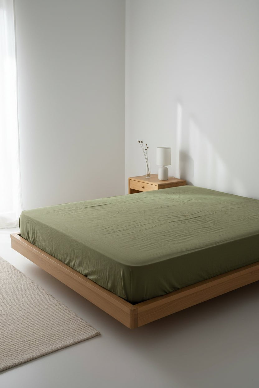 Stonewashed 100% cotton fitted sheet in Capulet Olive Green. Soft, breathable and designed for UK mattresses with deep pocket options.