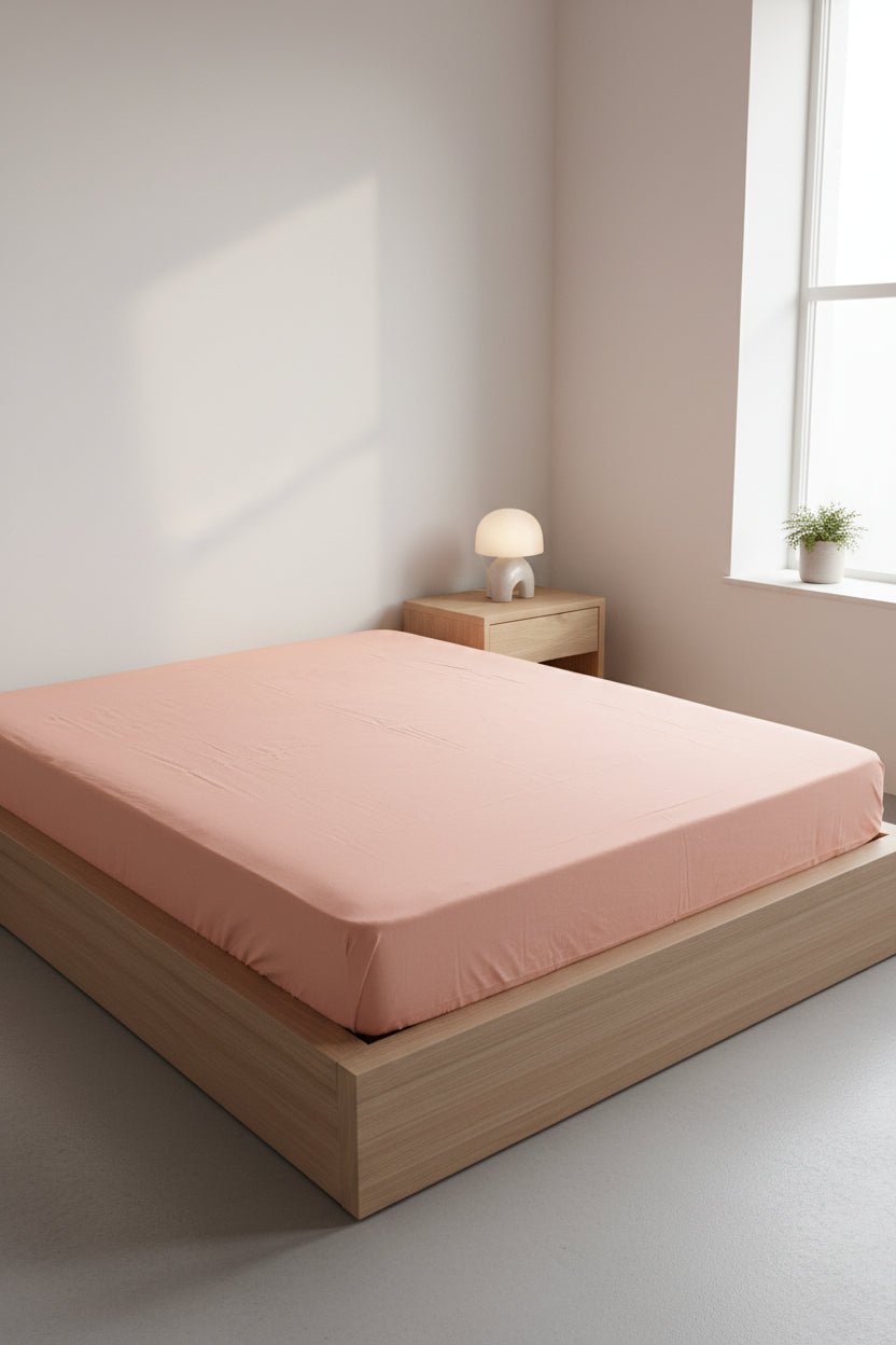 Stonewashed 100% cotton fitted sheet in Cameo Brown, offering an ultra-soft feel and a relaxed natural finish. Designed for a perfect fit on UK mattresses, suitable for single to emperor sizes with deep mattress options.