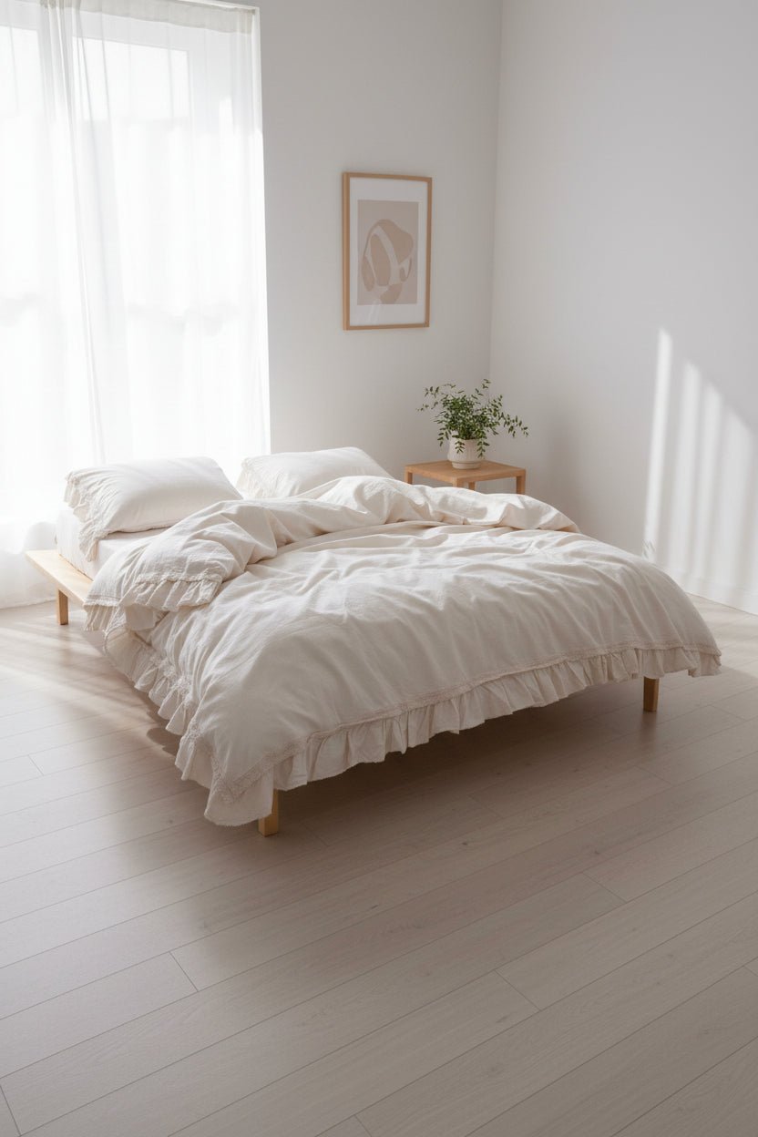 Stonewashed 100% cotton duvet cover set in natural cream, featuring soft ruffled edges and a relaxed, elegant look. Breathable, cosy and timeless bedding designed to create a calm and inviting bedroom atmosphere.